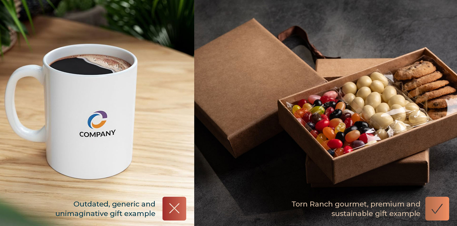 Comparison of outdated swag versus Torn Ranch gourmet gifts highlighting the shift toward premium, sustainable corporate gifting.